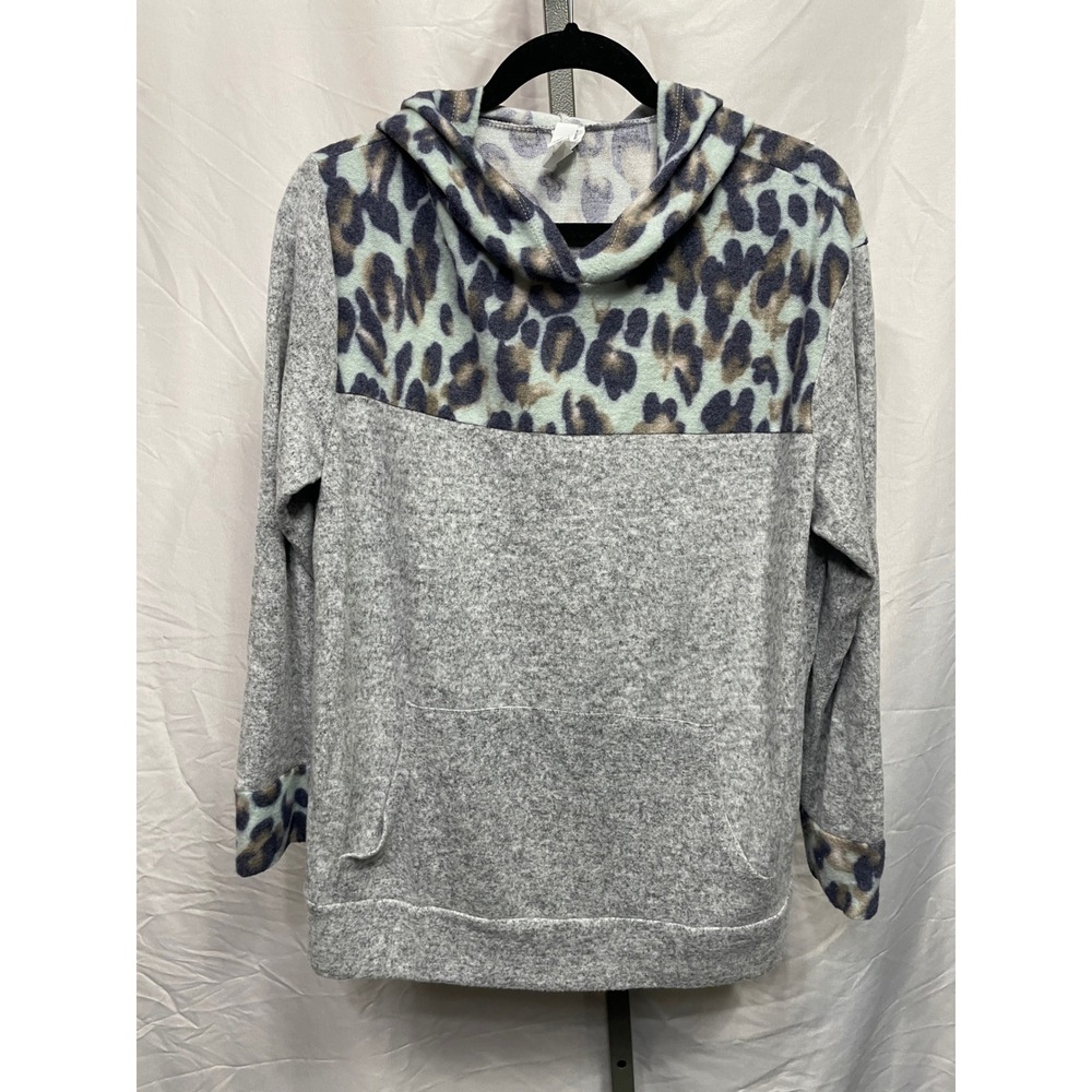 honeyme Leopard Print‎ Hoodie Pullover Gray Mint Long Sleeve Women's L